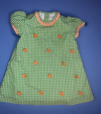Vestido Calabaza Anavini Calado a Mano Halloween Bordado Verde Cuadros Niñas 12M Foto 1 de 4