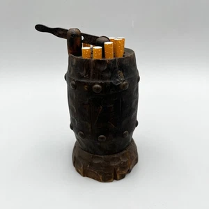 Oak Barrel Cigarette Dispenser Lever Action 1960s Vintage Hand Carved Bar Decor - Picture 1 of 16