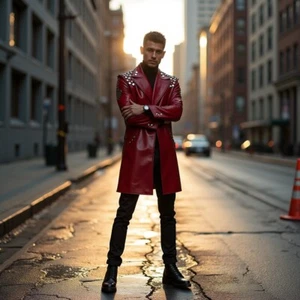Red Cowhide Leather Biker Jacket with Oversized Metal Studs - Street Style Wears - Picture 1 of 3