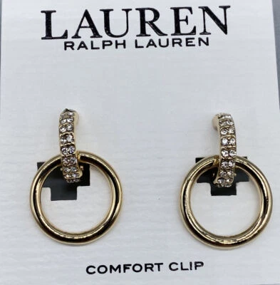 Ralph Lauren Circonita Cúbica Doble Cuelga Gota Tono Dorado Brillante Pendiente Clip-On Foto 1 de 4