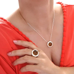 Amber Gemstone 925 Sterling Silver Necklace Hallmarked Cabochon Curb Chain - Picture 1 of 5