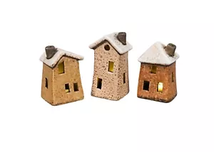 Deko Haus LED x3 braun/natur sort. 5,5x4cm H9cm Keramik Lichterhaus Herbstdeko - Bild 1 von 4