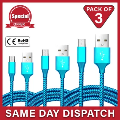 1m Pack of 3 Braided Micro USB Fast Charging & Data Sync Cable Lead for Sony - Image 1 of 4
