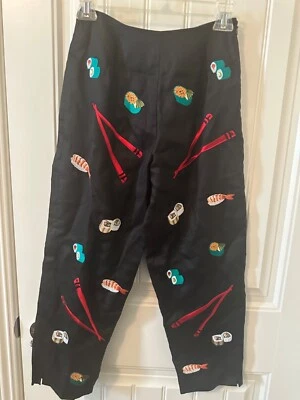 CJ Laing Womens High Rise Sushi Printed Cropped Linen Pants Black Size 2 - Image 1 of 4