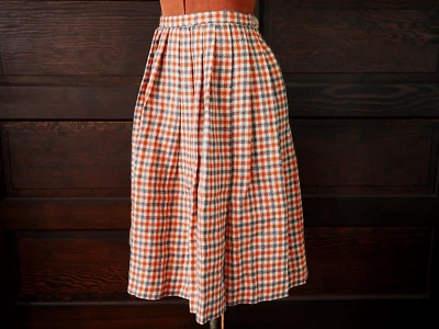 VTG Eddie Bauer Orange Wool Houndstooth Gingham Pleated A Line Knee Skirt Sz XS - Image 1 of 4