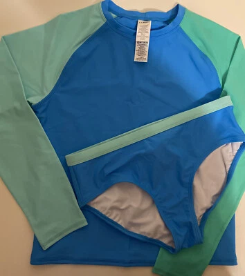 Купальный набор Ll Bean для скромных девочек 16 UPF 50 защита от солнца цветной блок зеленый и синий - Изображение 1 из 4