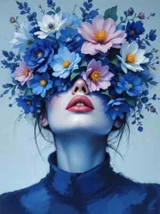 XL Leinwandbilder Weibliche Frauen Tiefes Blau Blumen Flora Modern Portrait - Bild 1 von 2