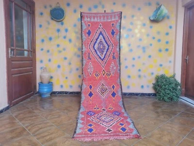 Berber Moroccan Handmade Red Rug 2ft 9 x 9ft 11 Vintage Bohemian Rhombus Symbols - Image 1 of 4