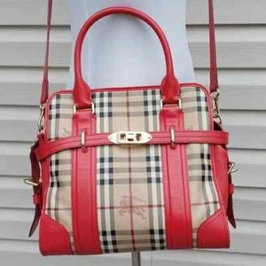 BURBERRY HAYMARKET CHECK CANVAS AND ORANGE LEATHER MINFORD SATCHEL CROSSBODY BAG - Picture 1 of 11