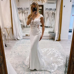 V Neck Lace Mermaid Wedding Dresses Appliques Backless Cap Sleeves Bridal Gowns - Picture 1 of 6
