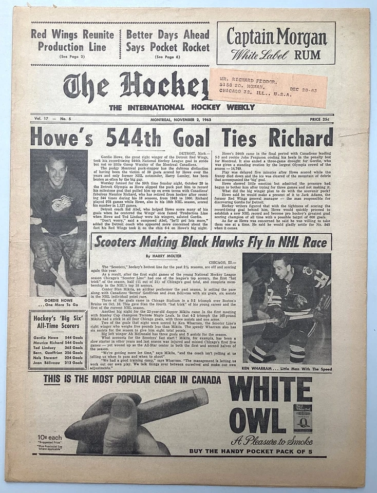 1963 Hockey News - Gordie Howe's 544th Goal Ties Rocket Richard - Image 1 of 1