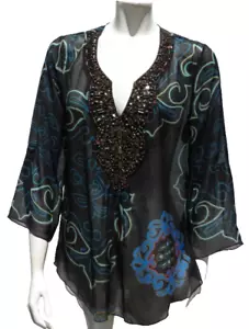 HALE BOB US Damen große schwarze 100 % Seide Chiffon Bluse Shirt Top Perlen Boho - Bild 1 von 6