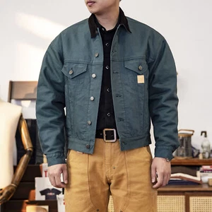 Men's American Retro Work Jacket 100% Cotton Heavy Thick Lapel Casual Slim Coats - Picture 1 of 23