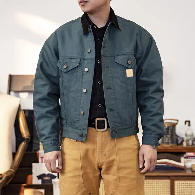 Men's American Retro Work Jacket 100% Cotton Heavy Thick Lapel Casual Slim Coats - Image 1 of 4