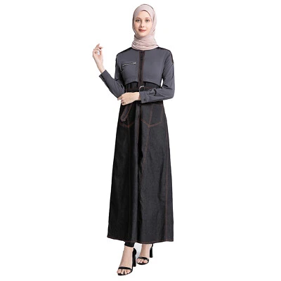 Vestido árabe feminino Abaya muçulmano manto manga comprida uma peça saia jeans longa - Imagem 1 de 4