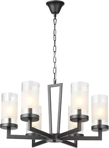 DIBOUK Farmhouse Chandelier Lighting Round 6 Lights BLACK w/ Glass Shade KL3025/ - Picture 1 of 7