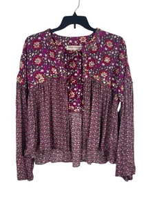 Top Campesino Floral Free People M Púrpura Rojo Atar Tachonado Cuentas Rayón - Imagen 1 de 17