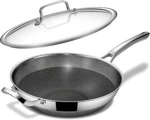 Sartén para wok, wok híbrido de 12 pulgadas con tapa, utensilios de cocina sin PFOA, acero inoxidable antiadherente... - Imagen 1 de 5