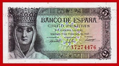 UNC, 5 Pesetas, 1943 ''Reina Isabel''  Series A , Spain - Image 1 of 2