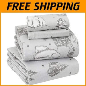 Heavyweight Flannel Bed Sheets Full Size with Stylish Bear Design & Side Pockets - Picture 1 of 8