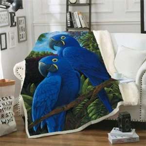 Blue Parrot 3D Print Quilted Sherpa Fleece Blanket Bed Warm Travel Throw Blanket - Picture 1 of 12