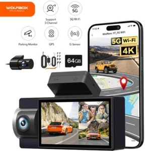 WOLFBOX 4K i17 3 Channel Dash Cam 5G WiFi, with Hardwire Kit, 64GB SD Card - Picture 1 of 9