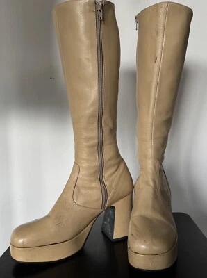 复古 尺寸 7.5 8 70 年代 皮革厚底高跟靴 90 年代 Club Chunky Festival 很好! — 第 1/4 张图片