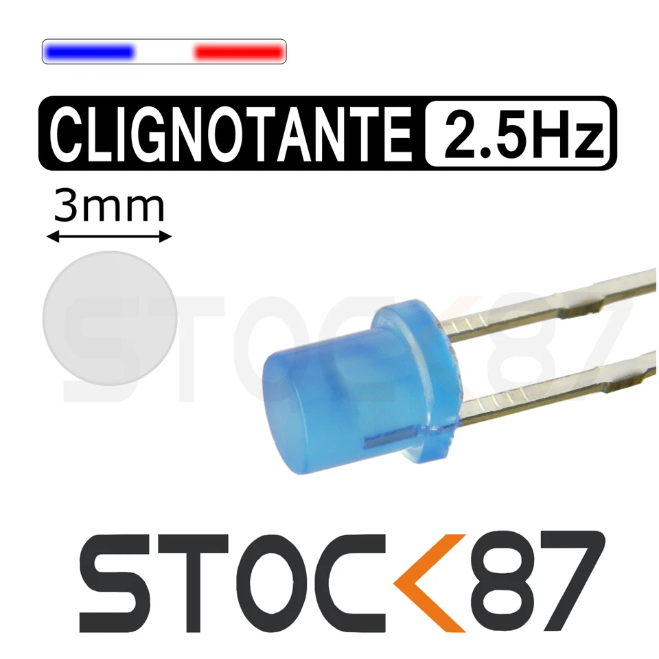 SK87 236DB# 10 à 100pcs LED bleu diffusant cylindrique 3mm clignotante rapide (2,5Hz)