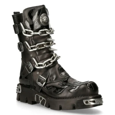 New Rock Unisex M.727-S1 Black Leather Boots Skull Chain Flame Reactor Boots - Image 1 of 4