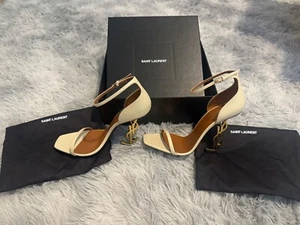 SAINT LAURENT Beige Opyum Ankle Strap YSL Logo Heel Leather Sandal / Size 41/10 - Picture 1 of 11