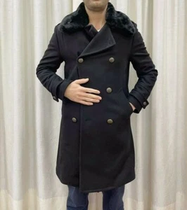 ZARA MEN MANTECO WOOL BLACK COAT WITH FAUX FUR COLLAR MILITARY 5801/810 L - Picture 1 of 21