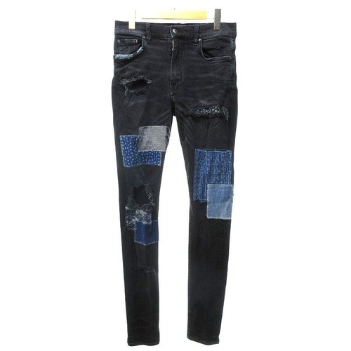 AMIRI Patchwork Distressed Skinny Denim Schiacciato Indaco Nero 31