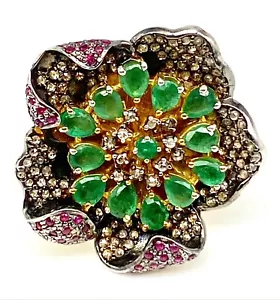 Anello Meher's Jewelry Smeraldo, Rubino e Champagne Diamante Bicolore Multi Gemma - Foto 1 di 4