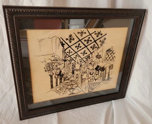 Original ink drawing art Signed Ray Neher 15" x 12" 1800s Train Dining Car Scene - Picture 1 of 14