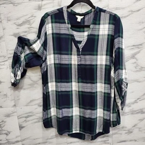 Cato Blouse Women Size 18W Navy Green Plaid Deep V Neck Tie Sleeves Tunic - Picture 1 of 9
