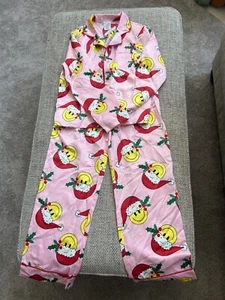 New Girls' Christmas Satin Emoji Santa Hat Pajama Set - art class' Pink XS 4-5 - Picture 1 of 1