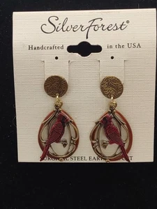 Silver Forest Red Cardinal Drop Pierced Surgical Steel Earrings Made in USA - Picture 1 of 4