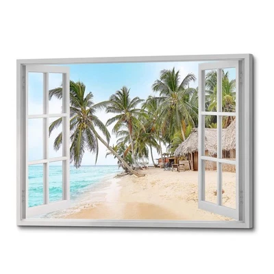 Открытое окно пляж настенное искусство: кокосовые деревья на песках прибрежная живопись тропический... - Изображение 1 из 4