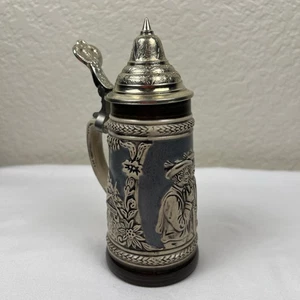 GERZIT Beer Stein Pewter Lid Blue Gray Froh Beim Bier Das Lieben Wir W. Germany - Picture 1 of 9