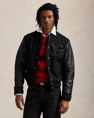 Polo Ralph Lauren Varsity Iconic Letterman Wool Leather Jacket Black - Image 1 of 4