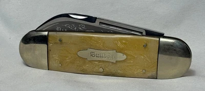 Cuchillo marca Bulldog pez luna punta de elefante 2 hojas plegables escalas remolino amarillo Foto 1 de 4