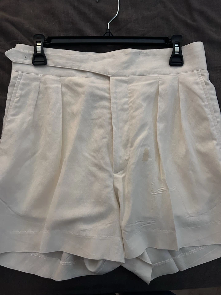 Ralph Lauren l 32 Purple Label Byron Pleated Buckle Classic Cream Linen Shorts - Image 1 of 3