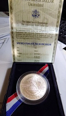 1991 D U.S. USO 50TH ANNIVERSARY COMMEMORATIVE PROOF SILVER DOLLAR COIN - Image 1 of 4