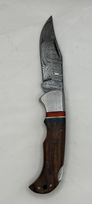 Damascus Steel Folding Rose Pukka Wooden Handle Tactical Camping Hunting Knife - Image 1 of 4
