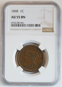 1848 Liberty Head Large Cent AU 55 BN NGC Braided Hair 1C US COIN PENNY - Picture 1 of 4