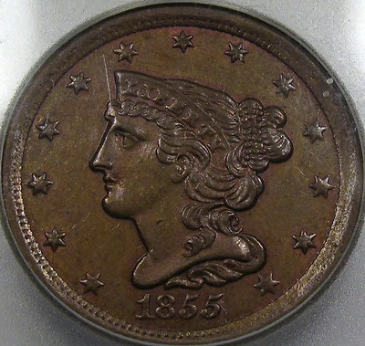 Medio centavo cabello trenzado 1855 BU ICG MS-61 BN... Tan muy bonito, y original, ¡limpiado! Foto 1 de 4