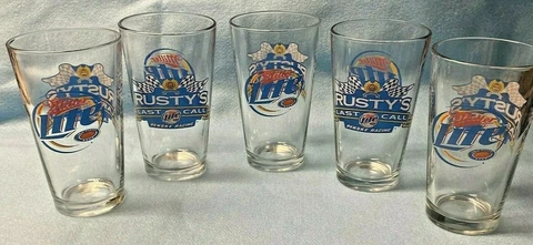 5 Rusty Wallace Nascar Miller Lite Racing Pint Beer Glasses * RUSTY'S LAST CALL Cover