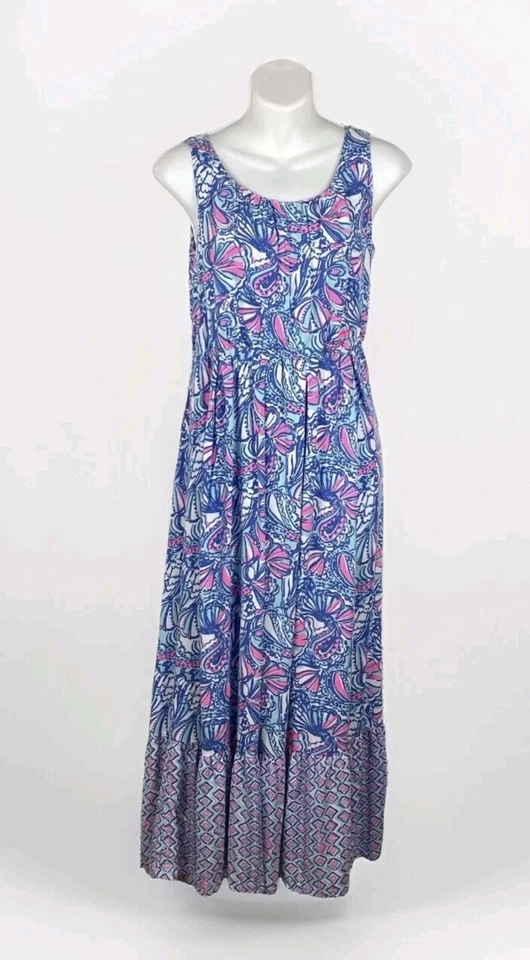 Girl's XL Lilly Pulitzer Maxi Dress Blue Pink Sleeveless Ruffle R13 - Image 1 of 4
