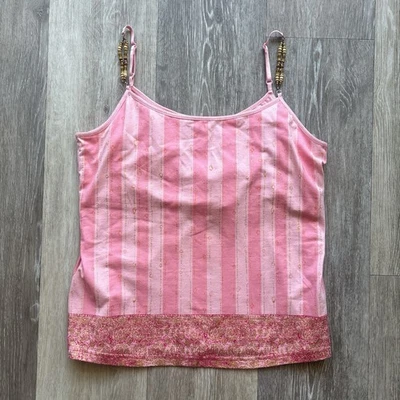 Y2K Faded Glory NWT Pink Stripe Bead Indie Fairy Grunge Built in Bra Cami Size L - Image 1 of 4