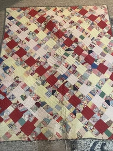 VINTAGE HAND STITCHED QUILT HAND PIECED  PATCHWORK 65” X 85” Perfect For Crafts - Picture 1 of 9